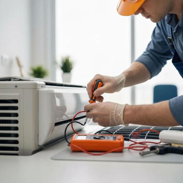 Air conditioning technician inspecting an AC system